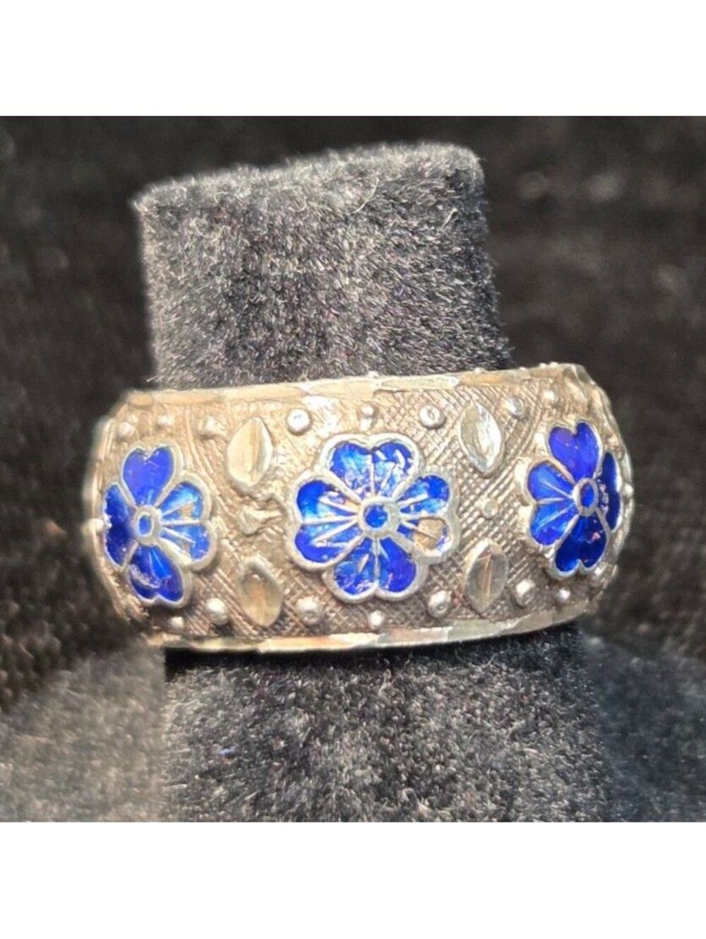 Blue Enamel Design Sterling Ring Sz 5